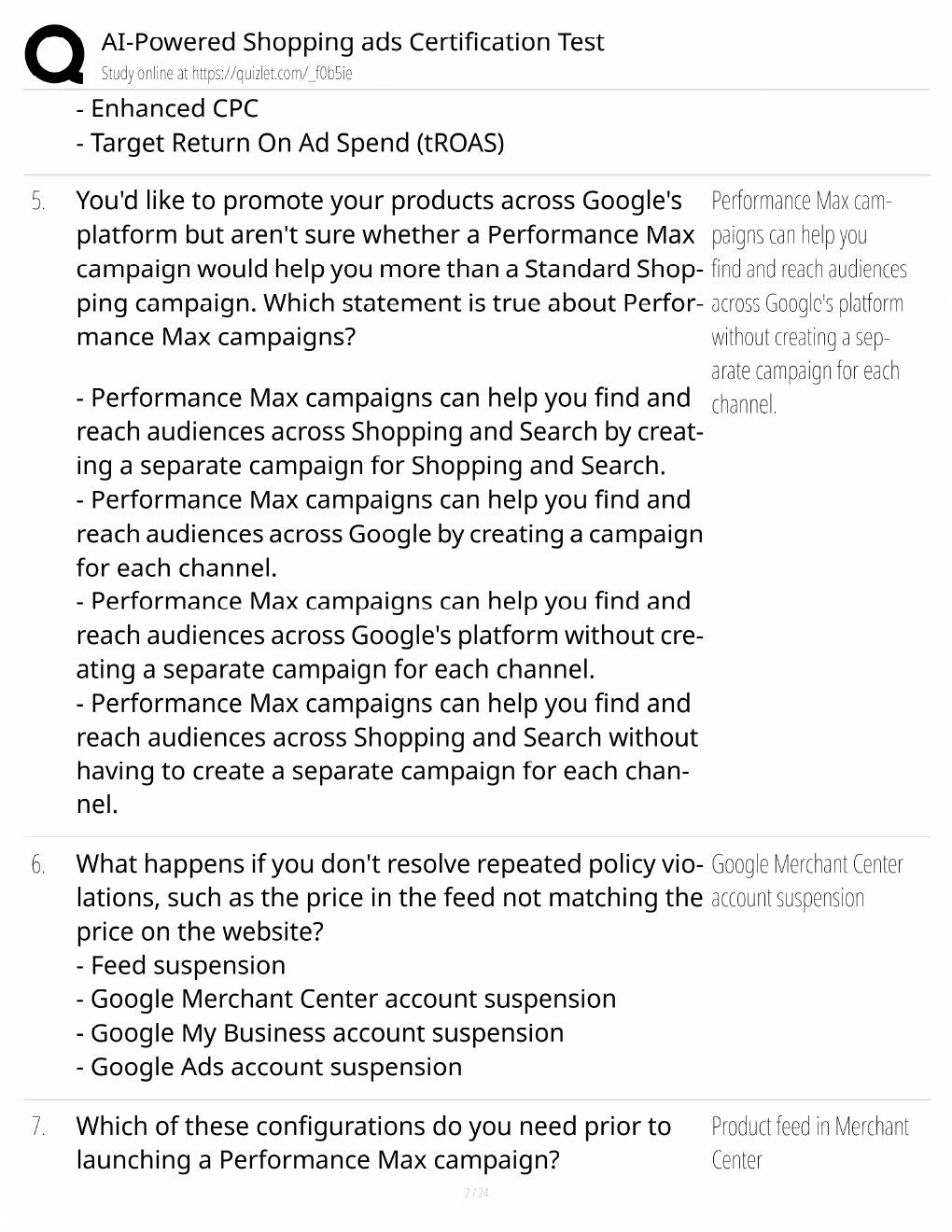 Preview page 2 of AI-Powered Shopping Ads Study Guide / Certification Test Exam Prep / Score 100% / 2025 Update