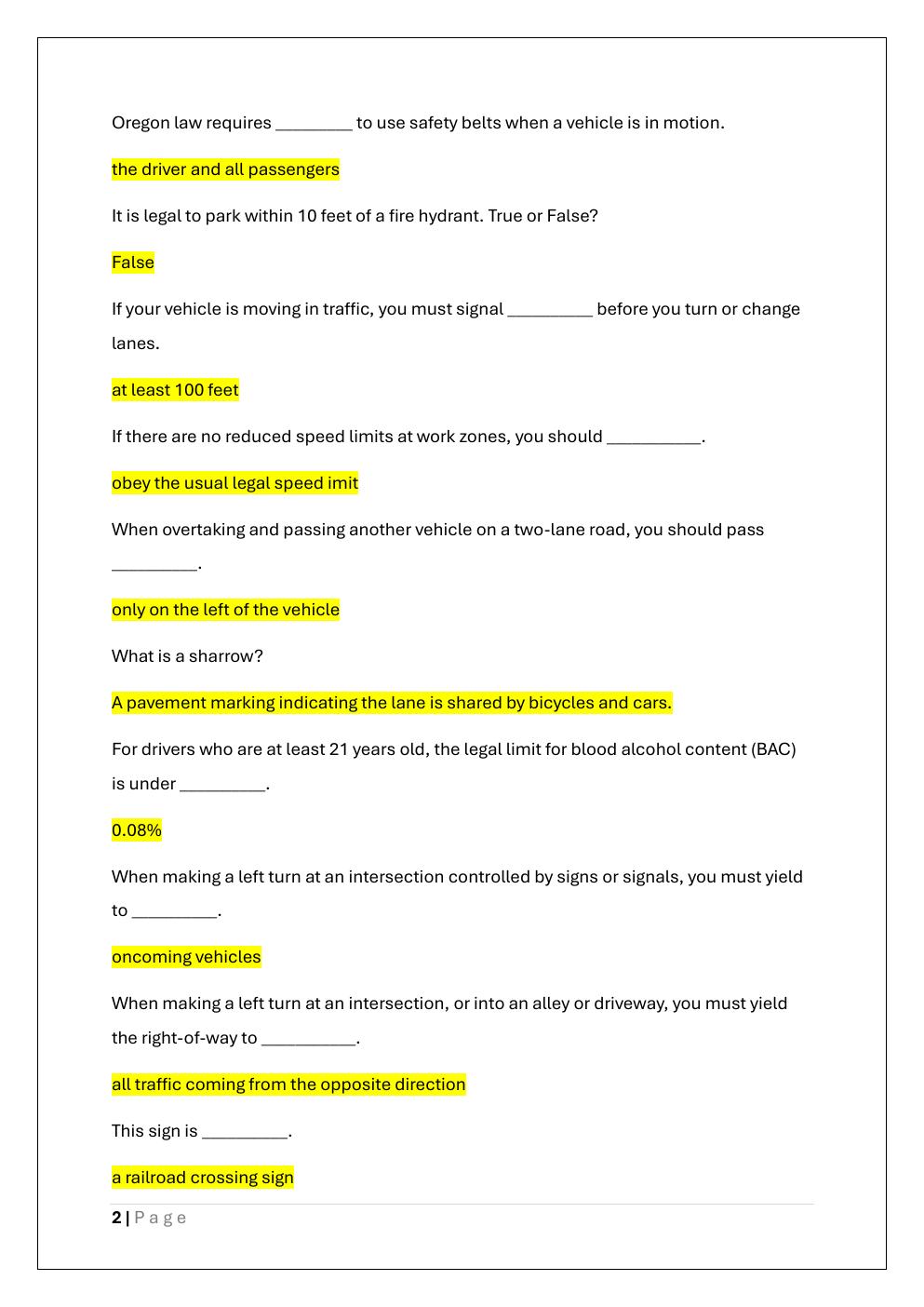 Preview page 2 of OREGON Driver’s permit test /Oregon driver’s  licence Exam Prep