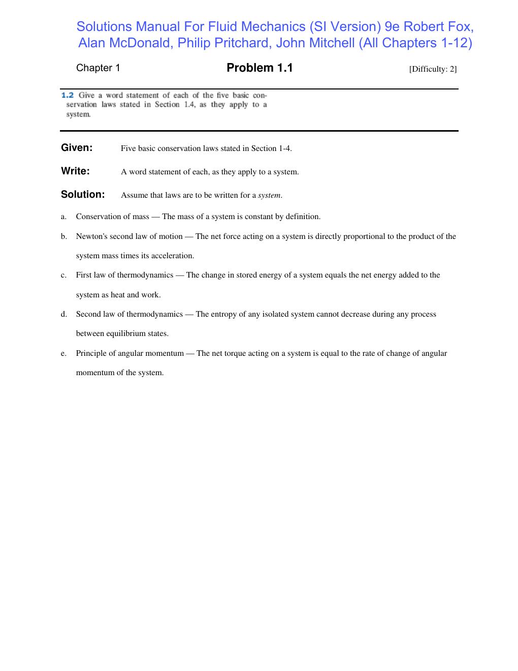 Preview page 2 of Fluid Mechanics (SI Version) 9th Edition By Robert Fox, Alan McDonald, Philip Pritchard, John Mitchell | Solutions Manua