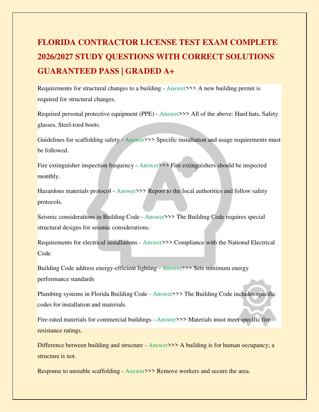 Preview page 2 of FLORIDA CONTRACTOR LICENSE TEST EXAM COMPLETE 2026/2027 STUDY QUESTIONS WITH CORRECT SOLUTIONS GUARANTEED PASS | GRADED