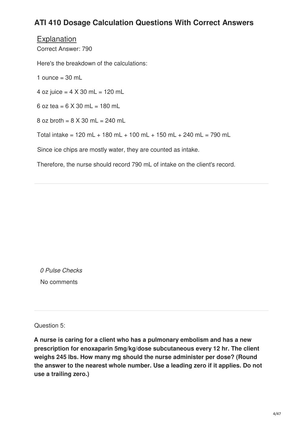 Preview page 4 of ATI 410 Dosage Calculation Questions With Correct Answers