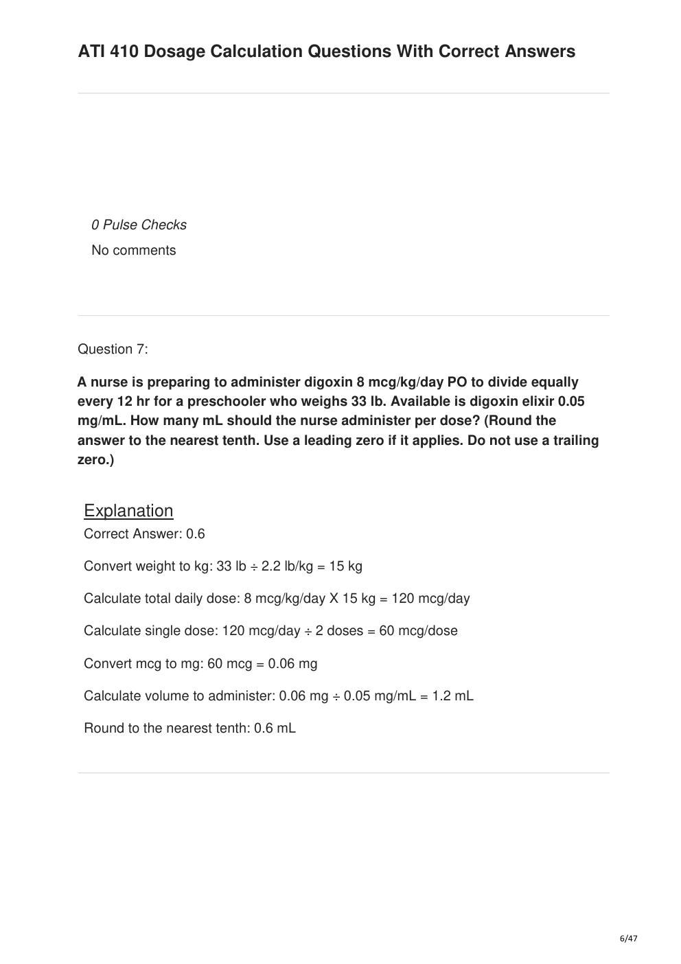 Preview page 6 of ATI 410 Dosage Calculation Questions With Correct Answers
