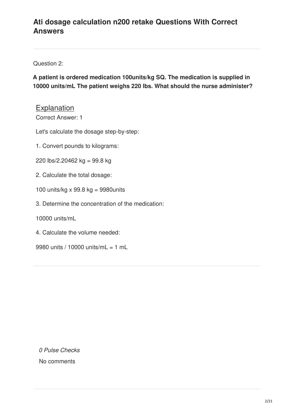 Preview page 2 of Ati dosage calculation n200 retake Questions With Correct Answers
