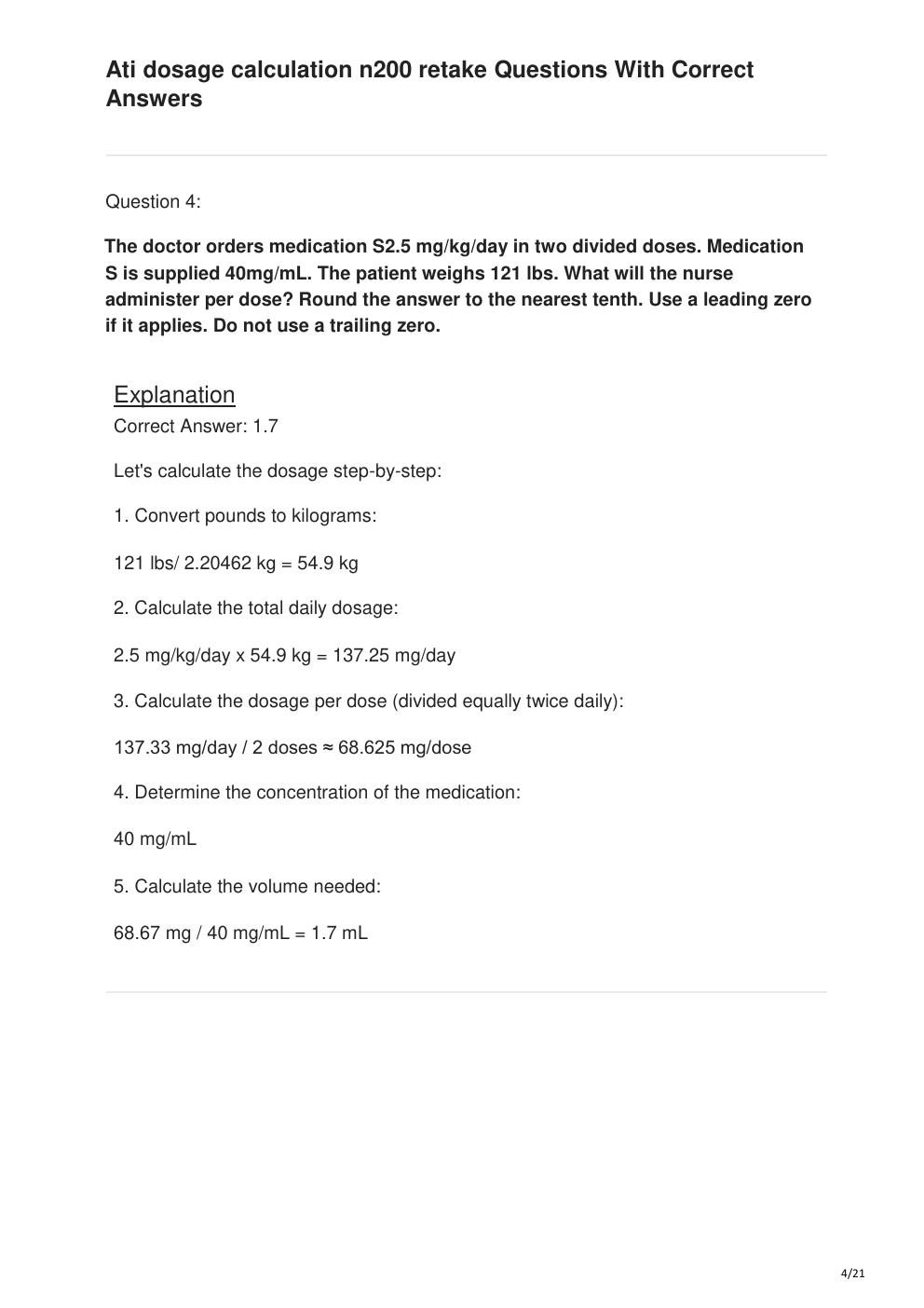 Preview page 4 of Ati dosage calculation n200 retake Questions With Correct Answers
