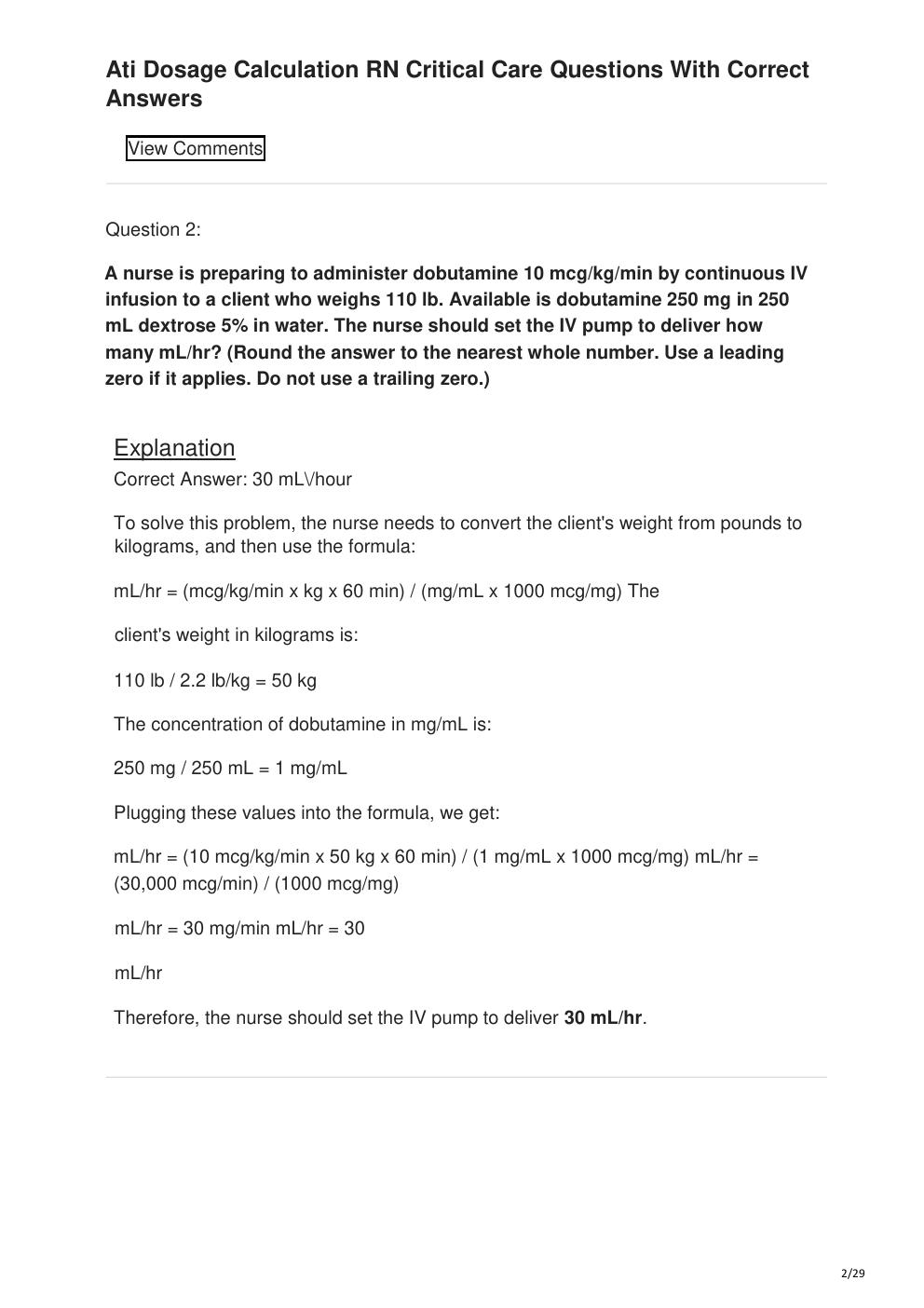 Preview page 2 of Ati Dosage Calculation RN Critical Care Questions With Correct Answers