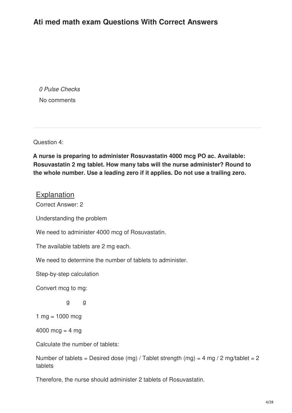 Preview page 4 of Ati med math exam Questions With Correct Answers
