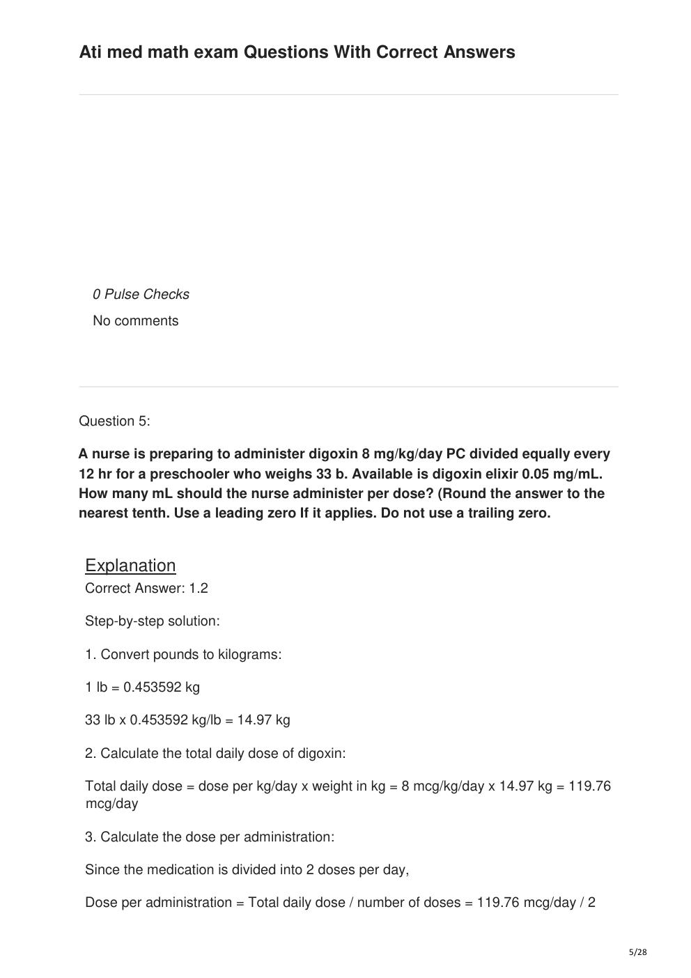 Preview page 5 of Ati med math exam Questions With Correct Answers