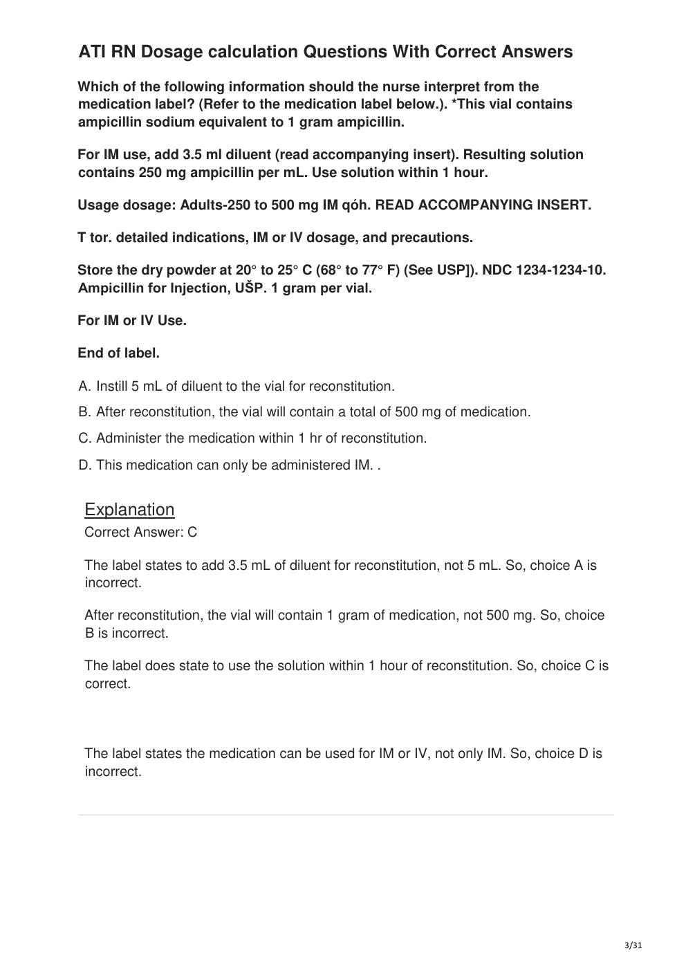 Preview page 3 of ATI RN Dosage calculation Questions With Correct Answers