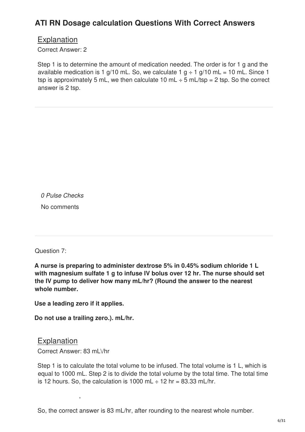 Preview page 6 of ATI RN Dosage calculation Questions With Correct Answers