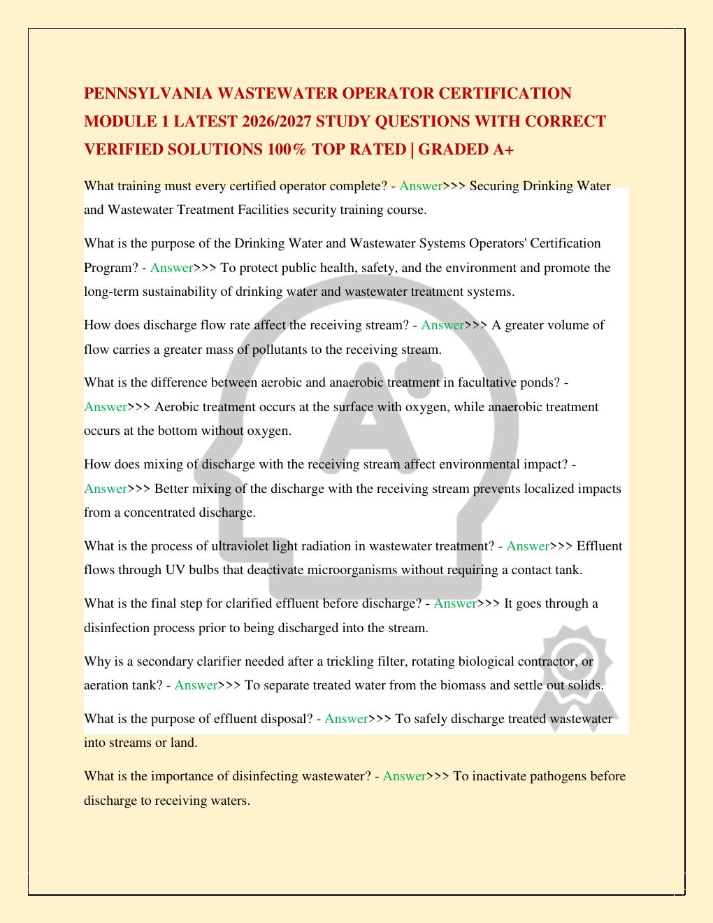 Preview page 2 of PENNSYLVANIA WASTEWATER OPERATOR CERTIFICATION MODULE 1 LATEST 2026/2027 STUDY QUESTIONS WITH CORRECT VERIFIED SOLUTIONS