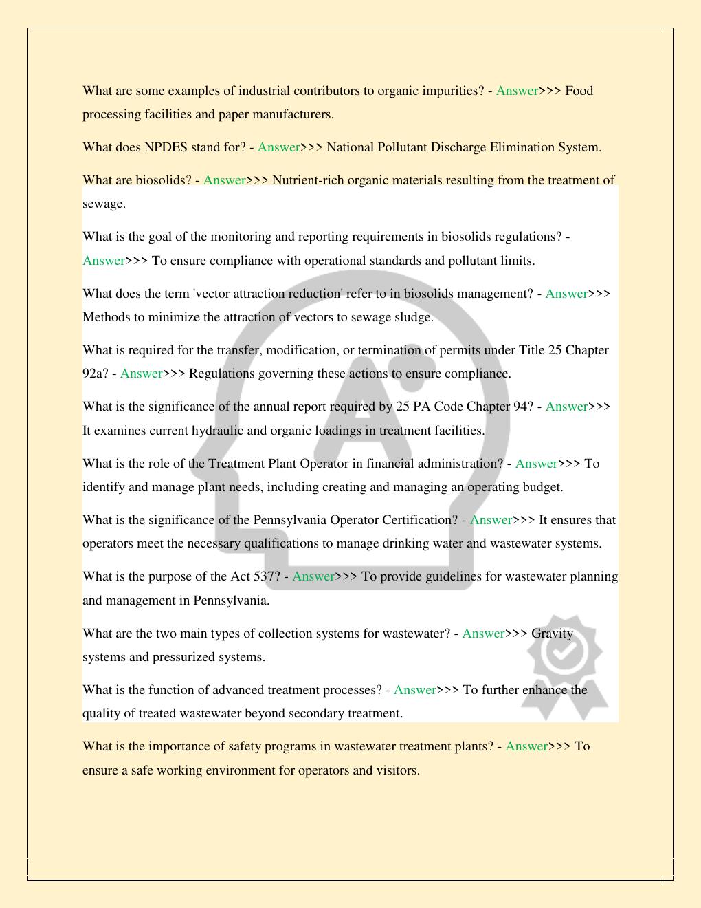 Preview page 3 of PENNSYLVANIA WASTEWATER OPERATOR CERTIFICATION MODULE 1 LATEST 2026/2027 STUDY QUESTIONS WITH CORRECT VERIFIED SOLUTIONS