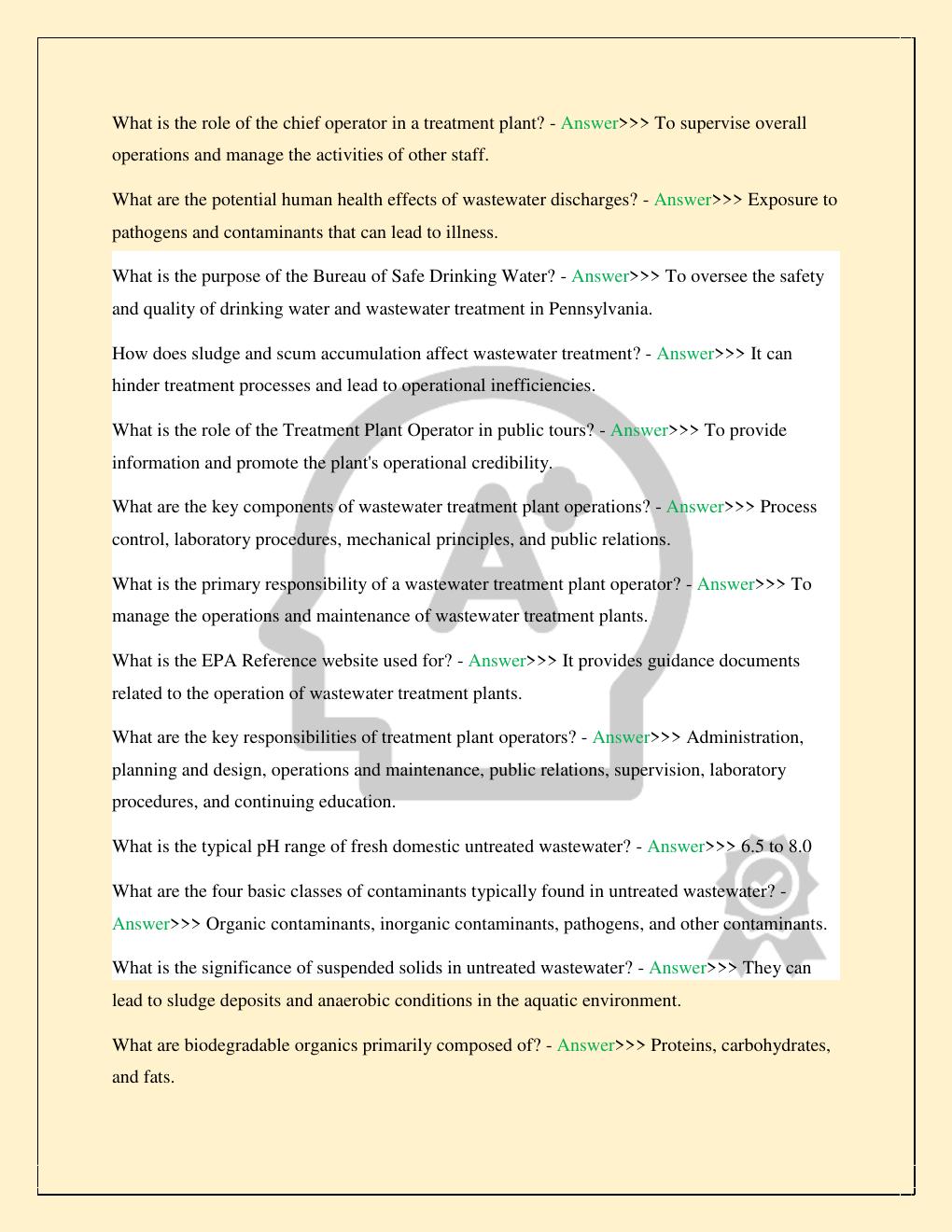 Preview page 4 of PENNSYLVANIA WASTEWATER OPERATOR CERTIFICATION MODULE 1 LATEST 2026/2027 STUDY QUESTIONS WITH CORRECT VERIFIED SOLUTIONS