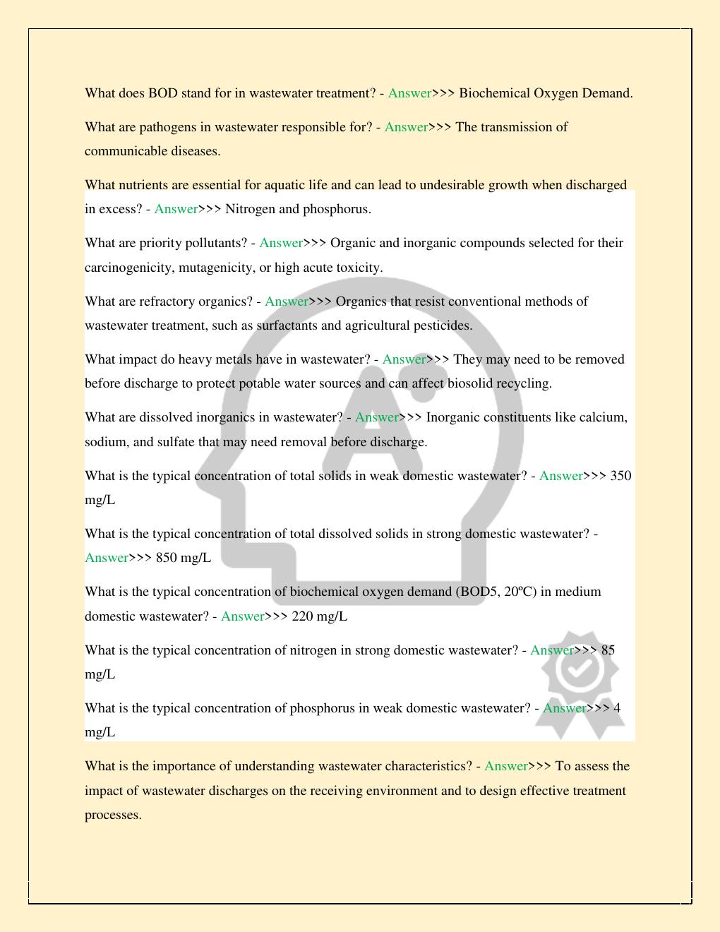 Preview page 5 of PENNSYLVANIA WASTEWATER OPERATOR CERTIFICATION MODULE 1 LATEST 2026/2027 STUDY QUESTIONS WITH CORRECT VERIFIED SOLUTIONS