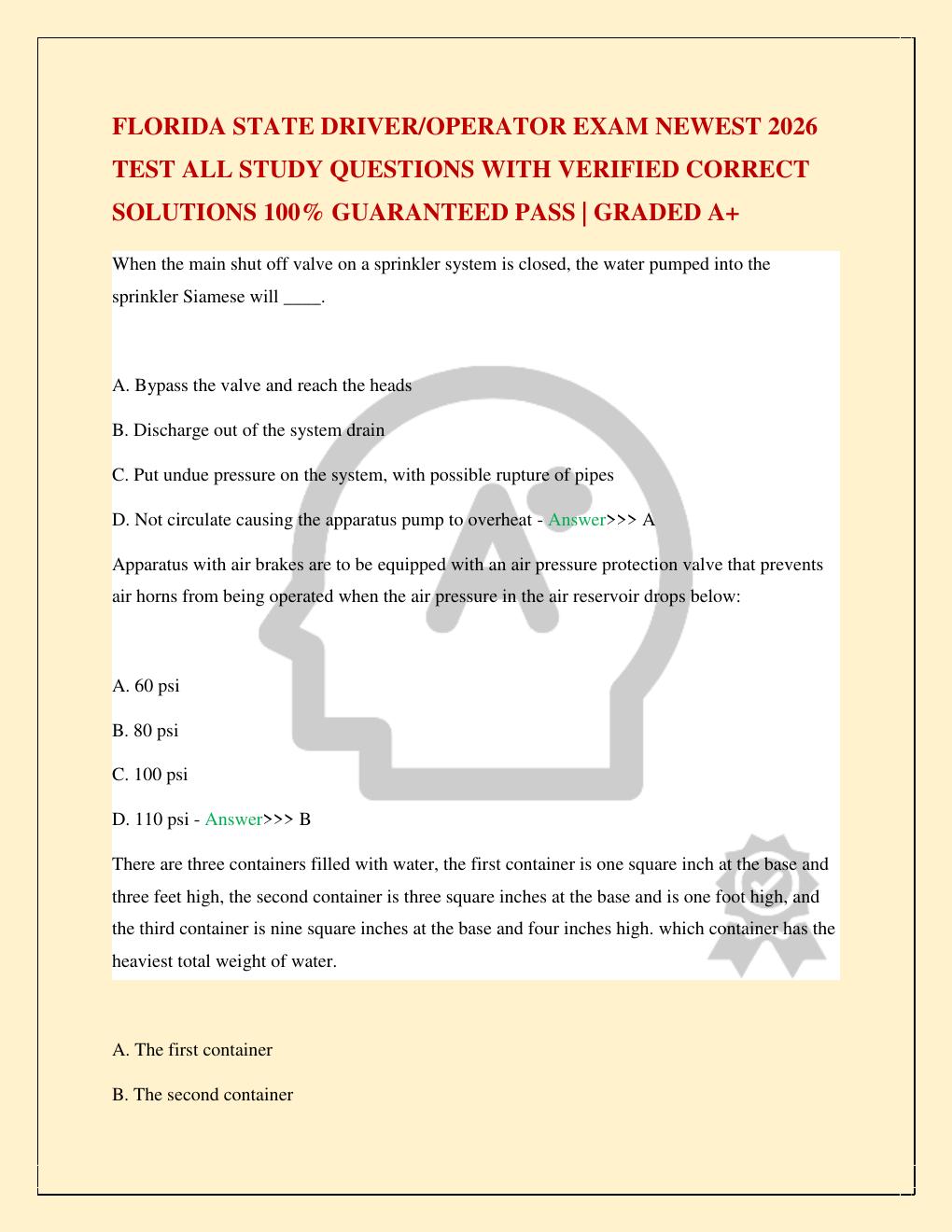 Preview page 2 of FLORIDA STATE DRIVER/OPERATOR EXAM NEWEST 2026 TEST ALL STUDY QUESTIONS WITH VERIFIED CORRECT SOLUTIONS 100% GUARANTEED