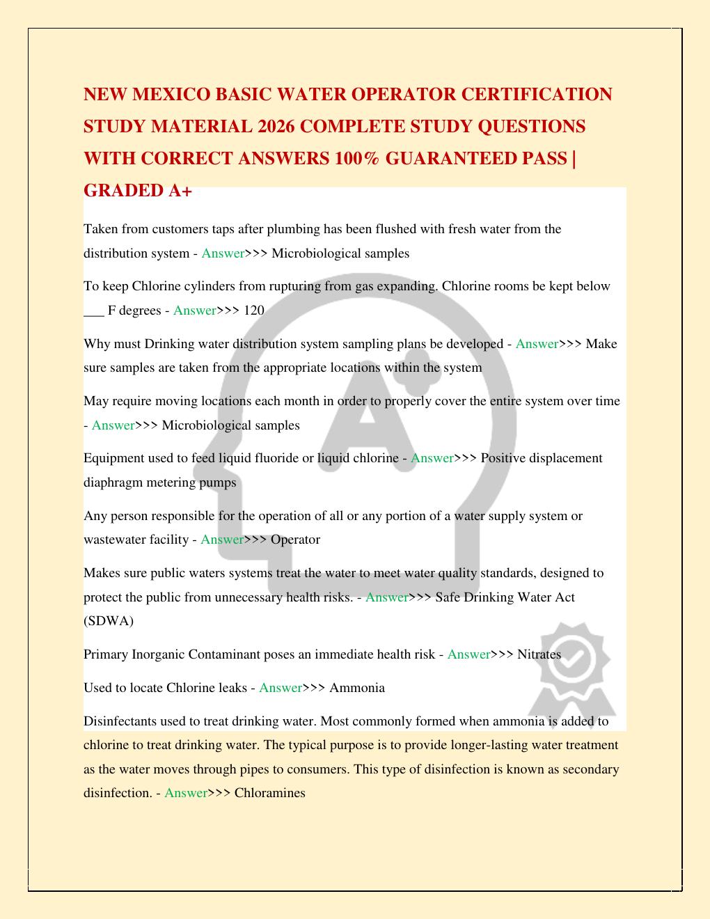 Preview page 2 of NEW MEXICO BASIC WATER OPERATOR CERTIFICATION STUDY MATERIAL 2026 COMPLETE STUDY QUESTIONS WITH CORRECT ANSWERS 100% GUA