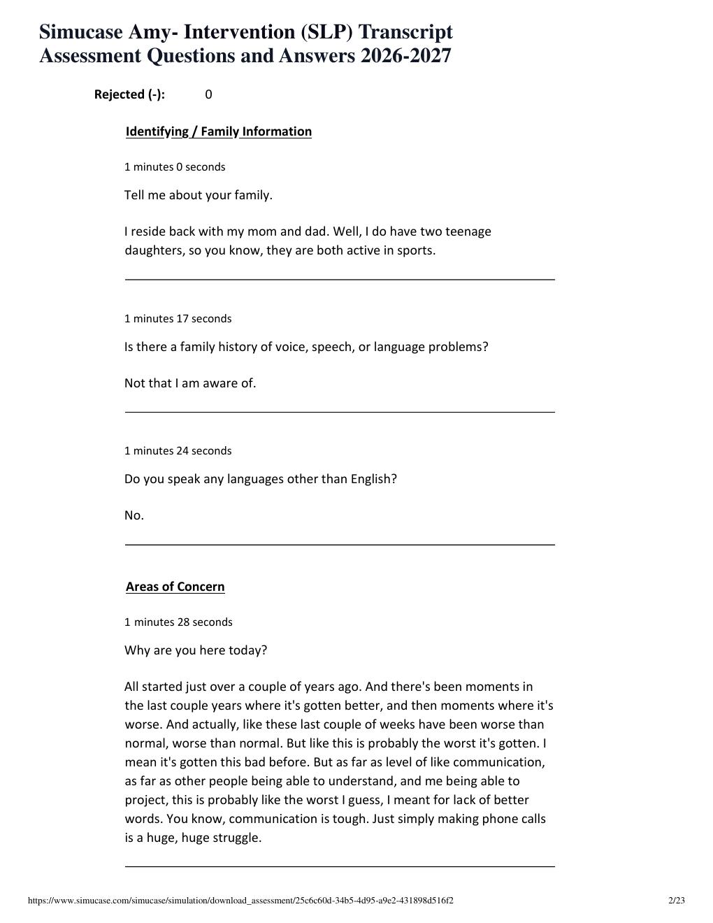 Preview page 2 of Simucase Amy- Intervention (SLP) Transcript Assessment Questions and Answers 2026-2027