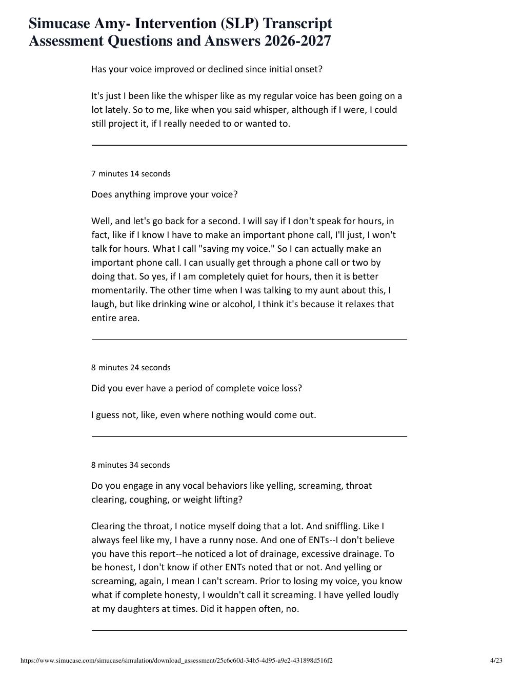 Preview page 4 of Simucase Amy- Intervention (SLP) Transcript Assessment Questions and Answers 2026-2027