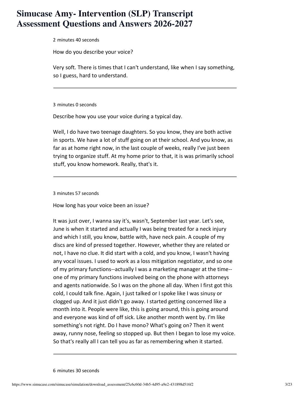 Preview page 3 of Simucase Amy- Intervention (SLP) Transcript Assessment Questions and Answers 2026-2027