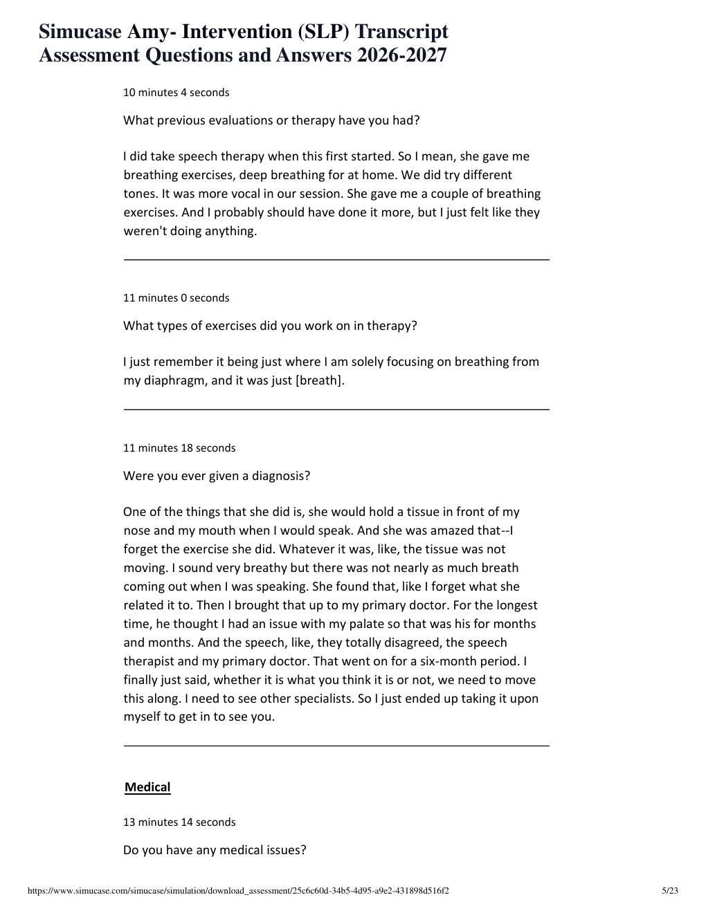 Preview page 5 of Simucase Amy- Intervention (SLP) Transcript Assessment Questions and Answers 2026-2027