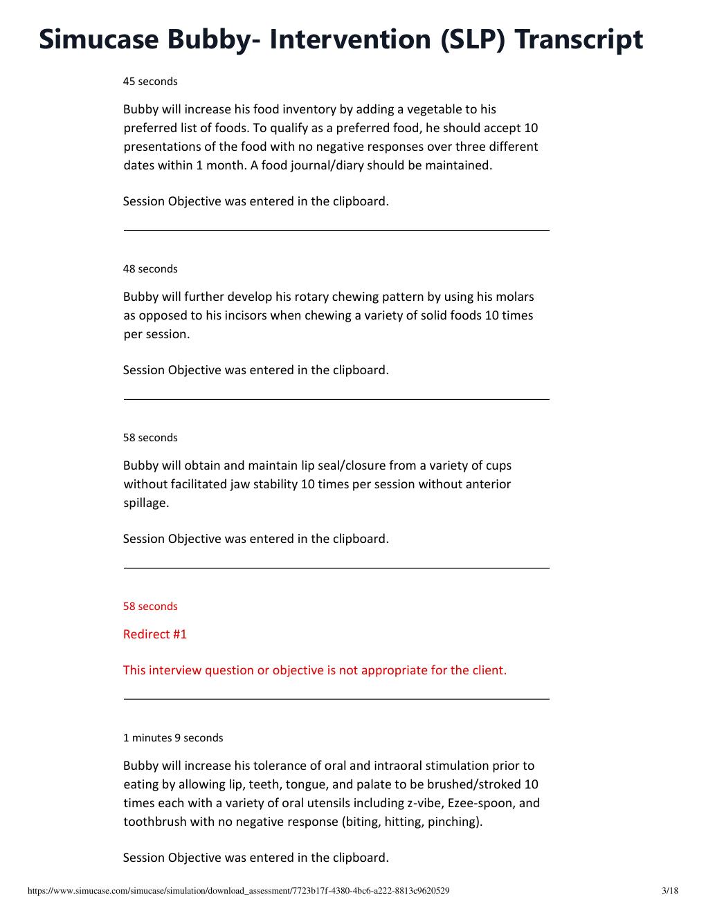 Preview page 3 of Simucase Bubby- Intervention (SLP) Transcript