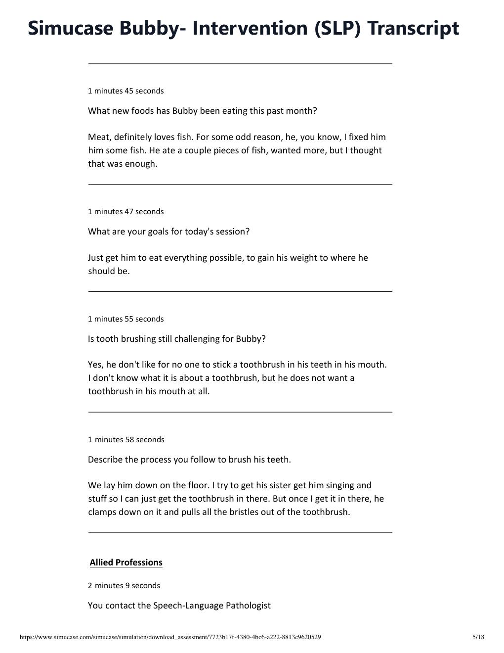 Preview page 5 of Simucase Bubby- Intervention (SLP) Transcript