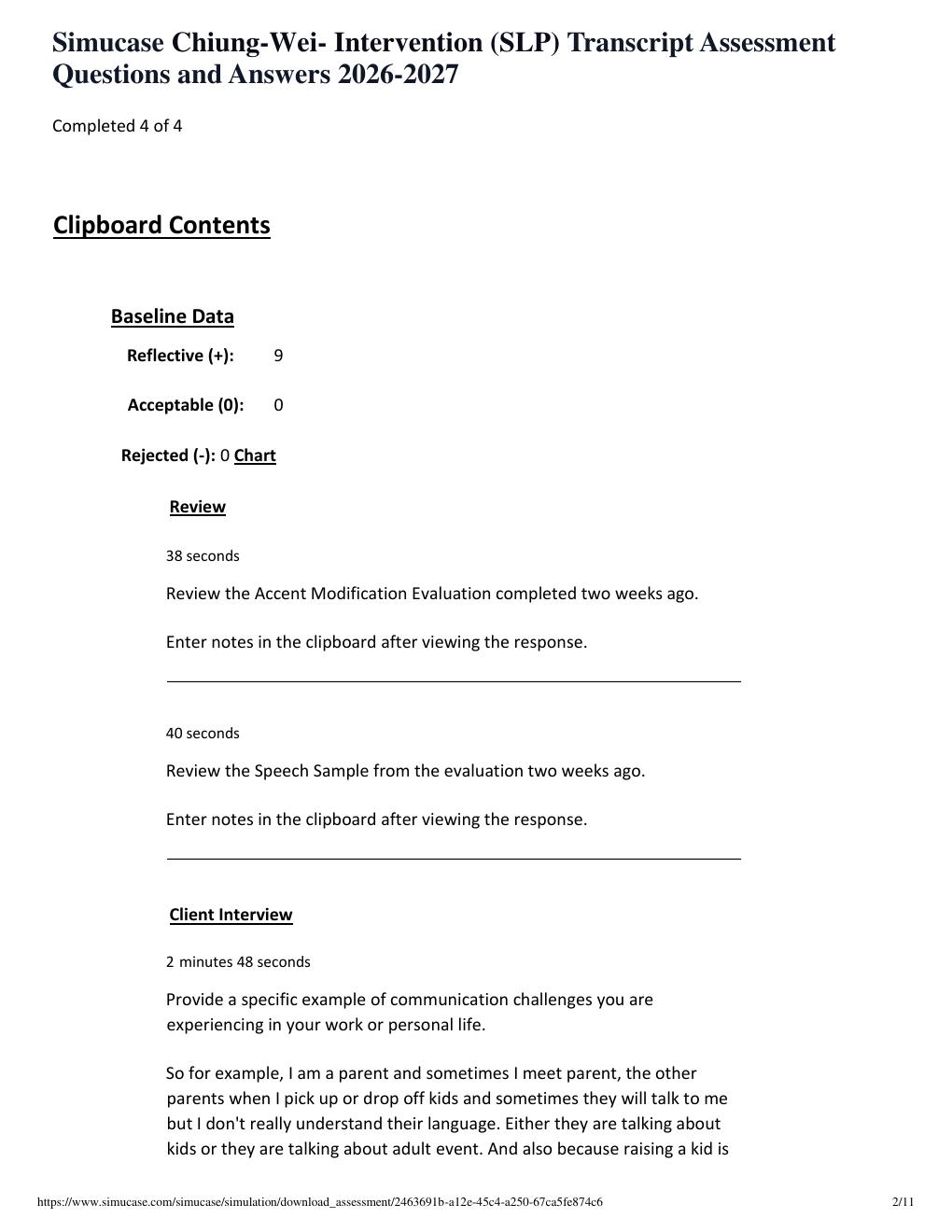 Preview page 2 of Simucase Chiung-Wei- Intervention (SLP) Transcript Assessment Questions and Answers 2026-2027