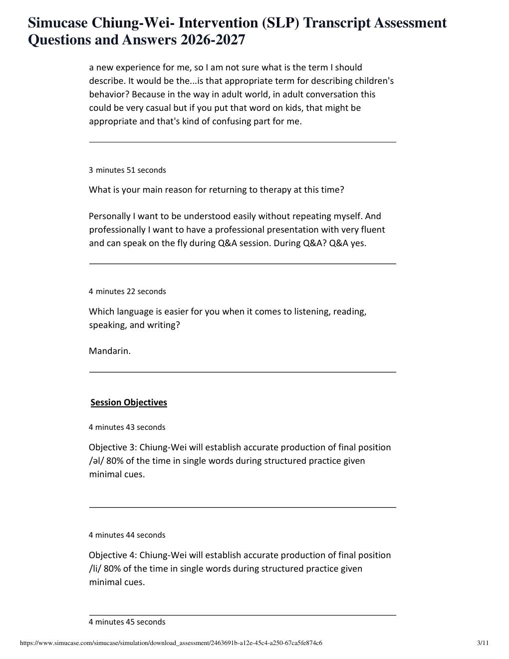 Preview page 3 of Simucase Chiung-Wei- Intervention (SLP) Transcript Assessment Questions and Answers 2026-2027