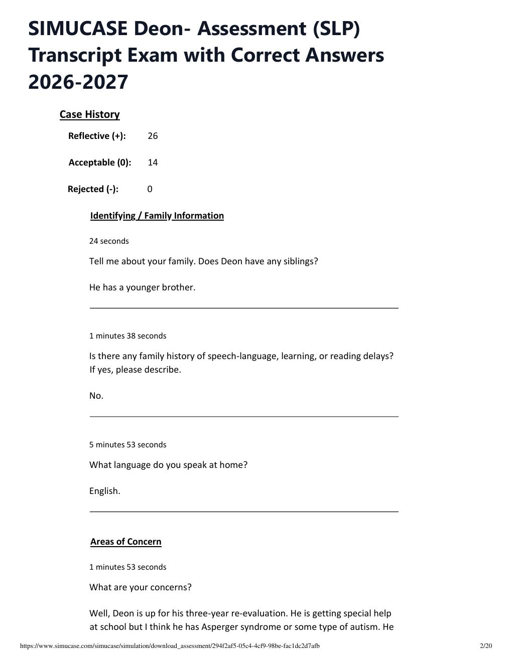Preview page 2 of SIMUCASE Deon- Assessment (SLP) Transcript Exam with Correct Answers 2026-2027