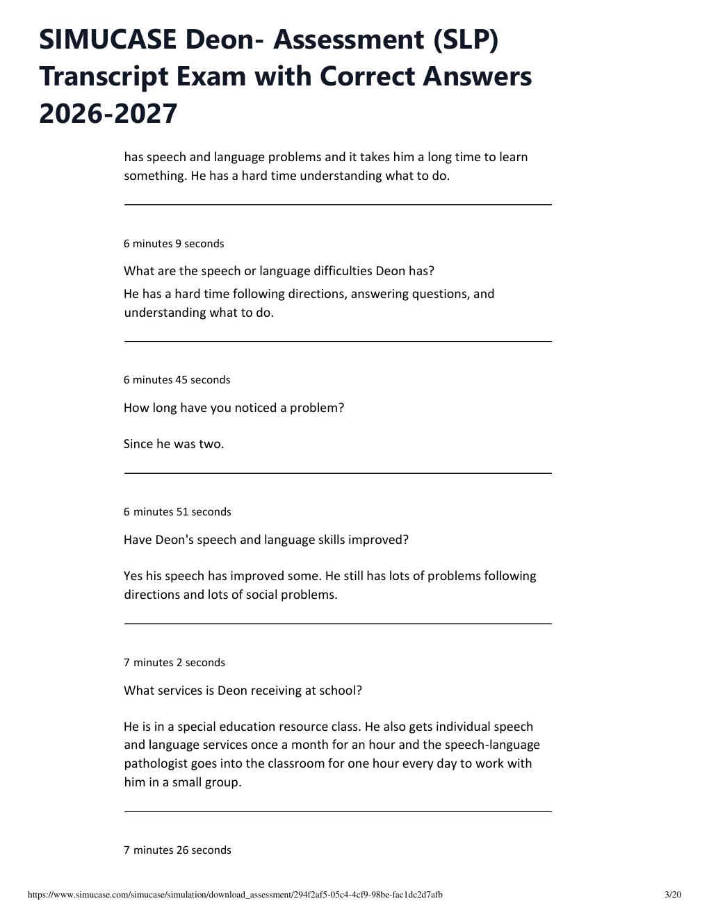 Preview page 3 of SIMUCASE Deon- Assessment (SLP) Transcript Exam with Correct Answers 2026-2027