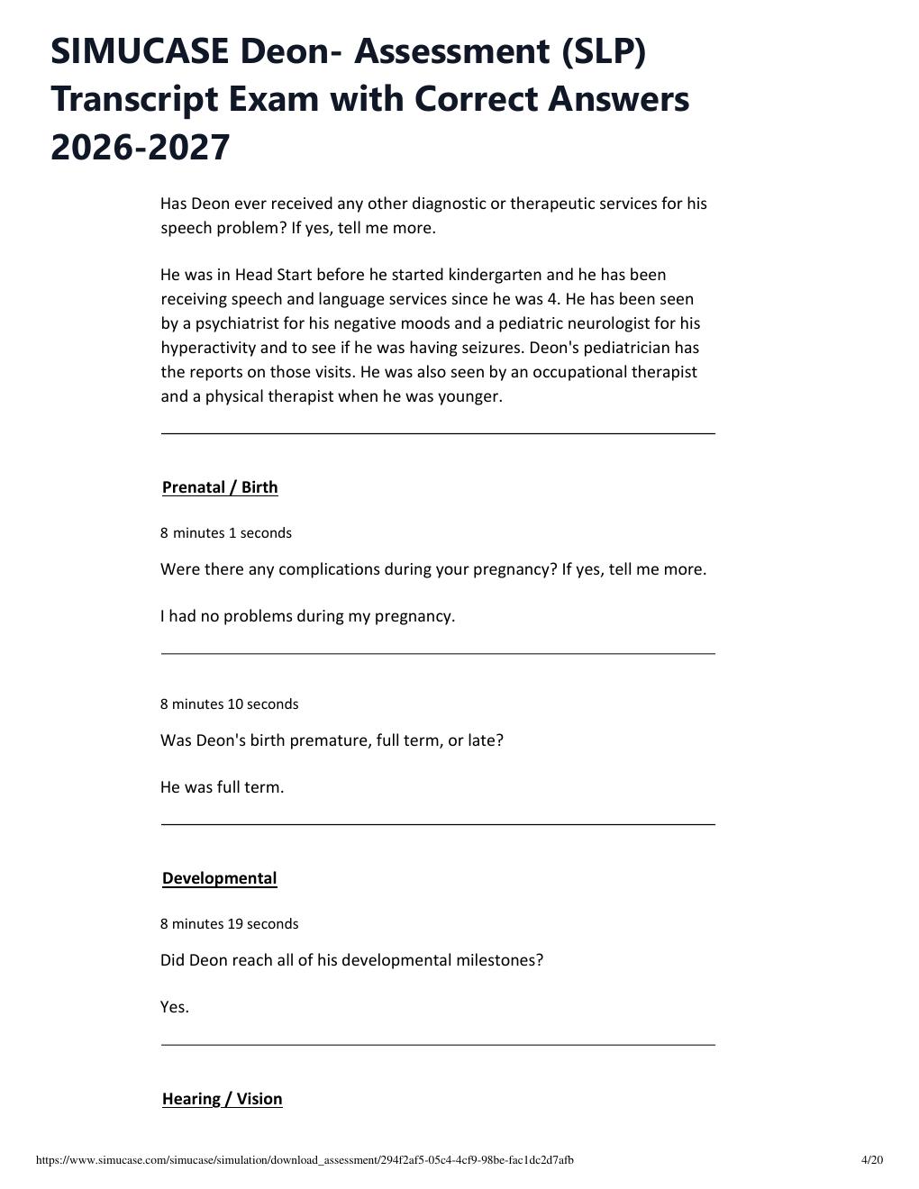 Preview page 4 of SIMUCASE Deon- Assessment (SLP) Transcript Exam with Correct Answers 2026-2027