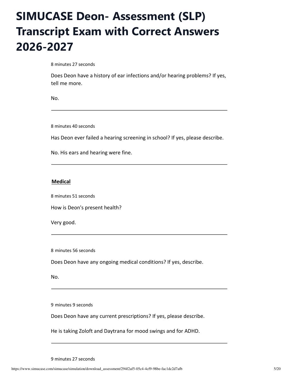 Preview page 5 of SIMUCASE Deon- Assessment (SLP) Transcript Exam with Correct Answers 2026-2027