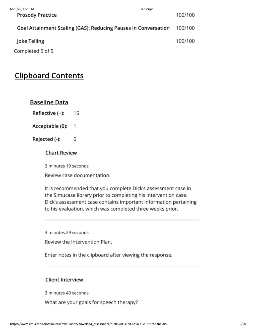 Preview page 2 of Simucase Dick- Intervention (SLP) Transcript
