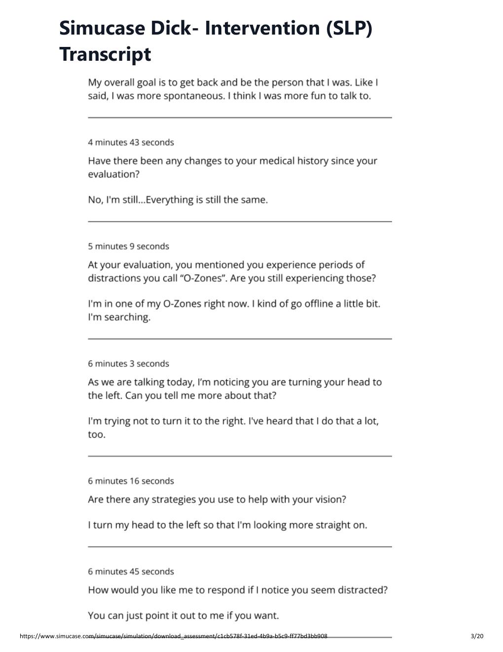 Preview page 3 of Simucase Dick- Intervention (SLP) Transcript
