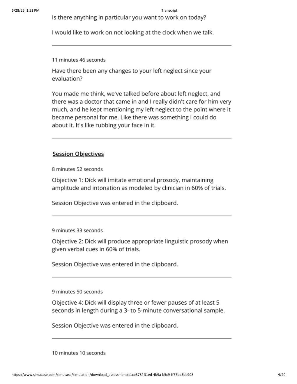 Preview page 4 of Simucase Dick- Intervention (SLP) Transcript