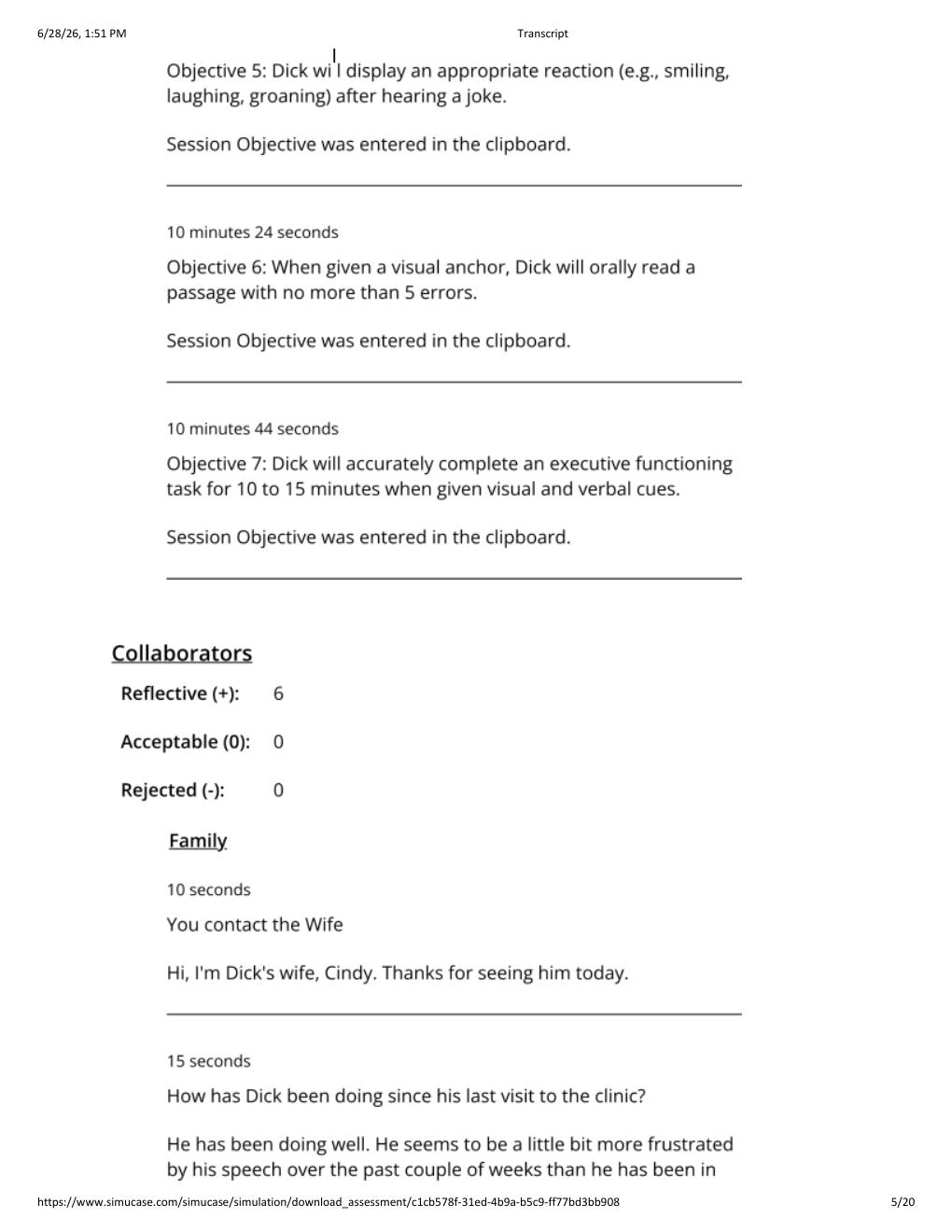 Preview page 5 of Simucase Dick- Intervention (SLP) Transcript