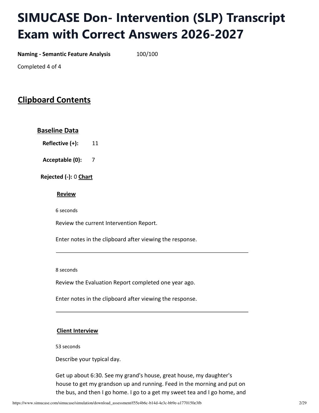 Preview page 2 of SIMUCASE Don- Intervention (SLP) Transcript Exam with Correct Answers 2026-2027
