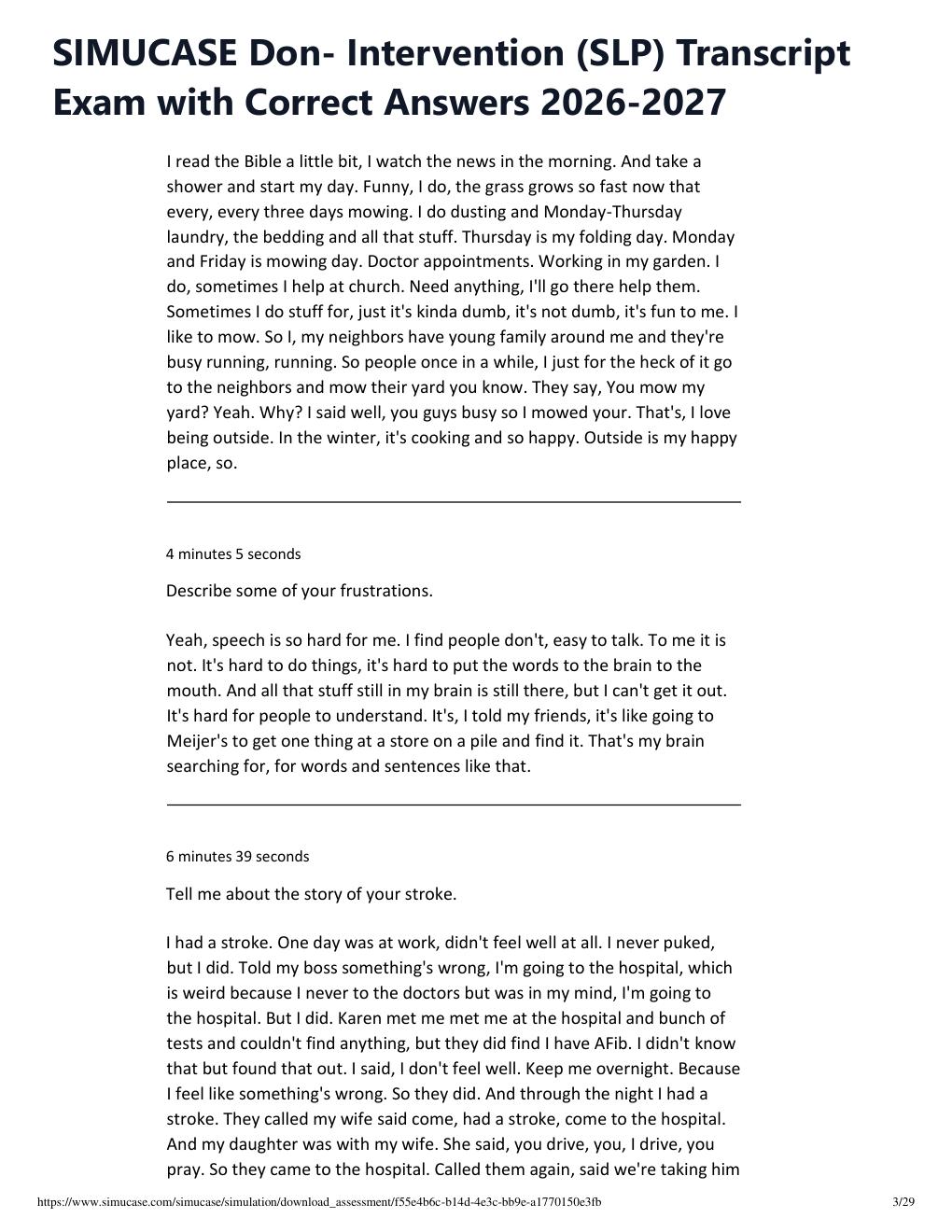 Preview page 3 of SIMUCASE Don- Intervention (SLP) Transcript Exam with Correct Answers 2026-2027