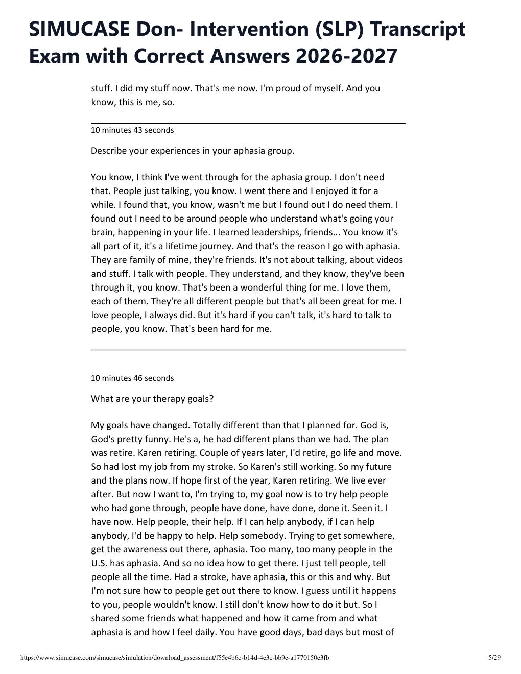 Preview page 5 of SIMUCASE Don- Intervention (SLP) Transcript Exam with Correct Answers 2026-2027