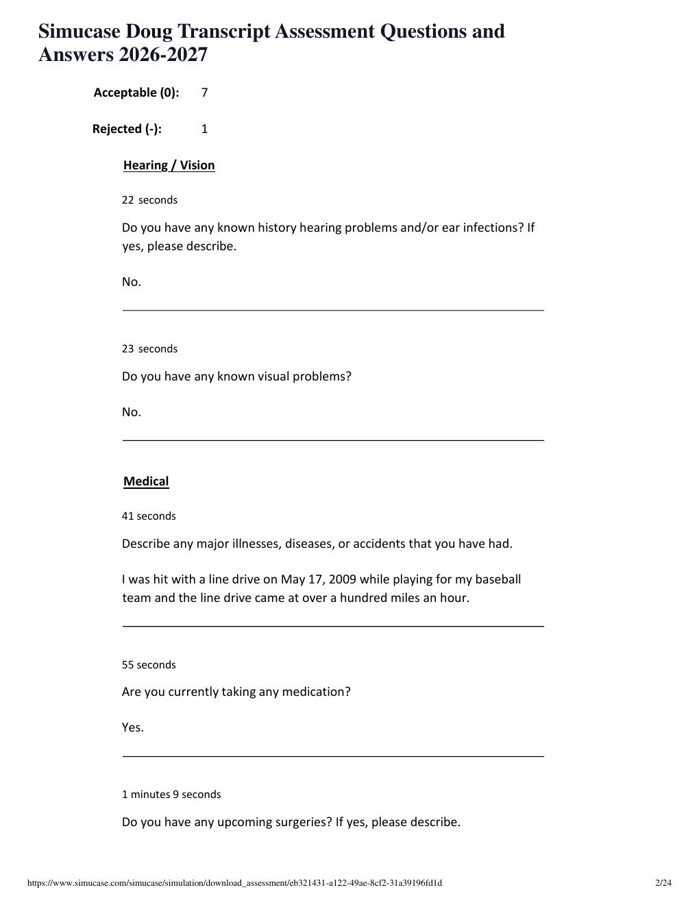 Preview page 2 of Simucase Doug Transcript Assessment Questions and Answers 2026-2027
