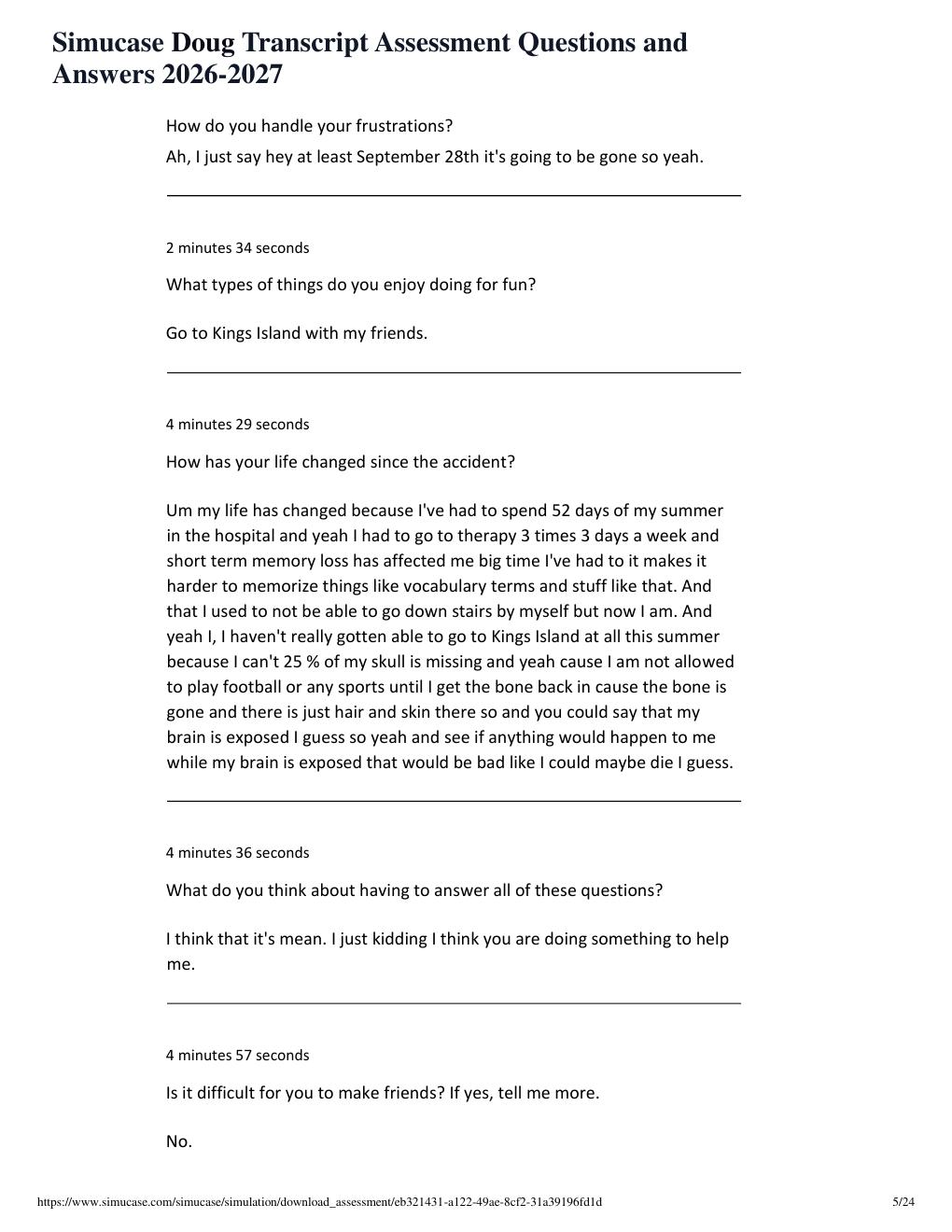 Preview page 5 of Simucase Doug Transcript Assessment Questions and Answers 2026-2027