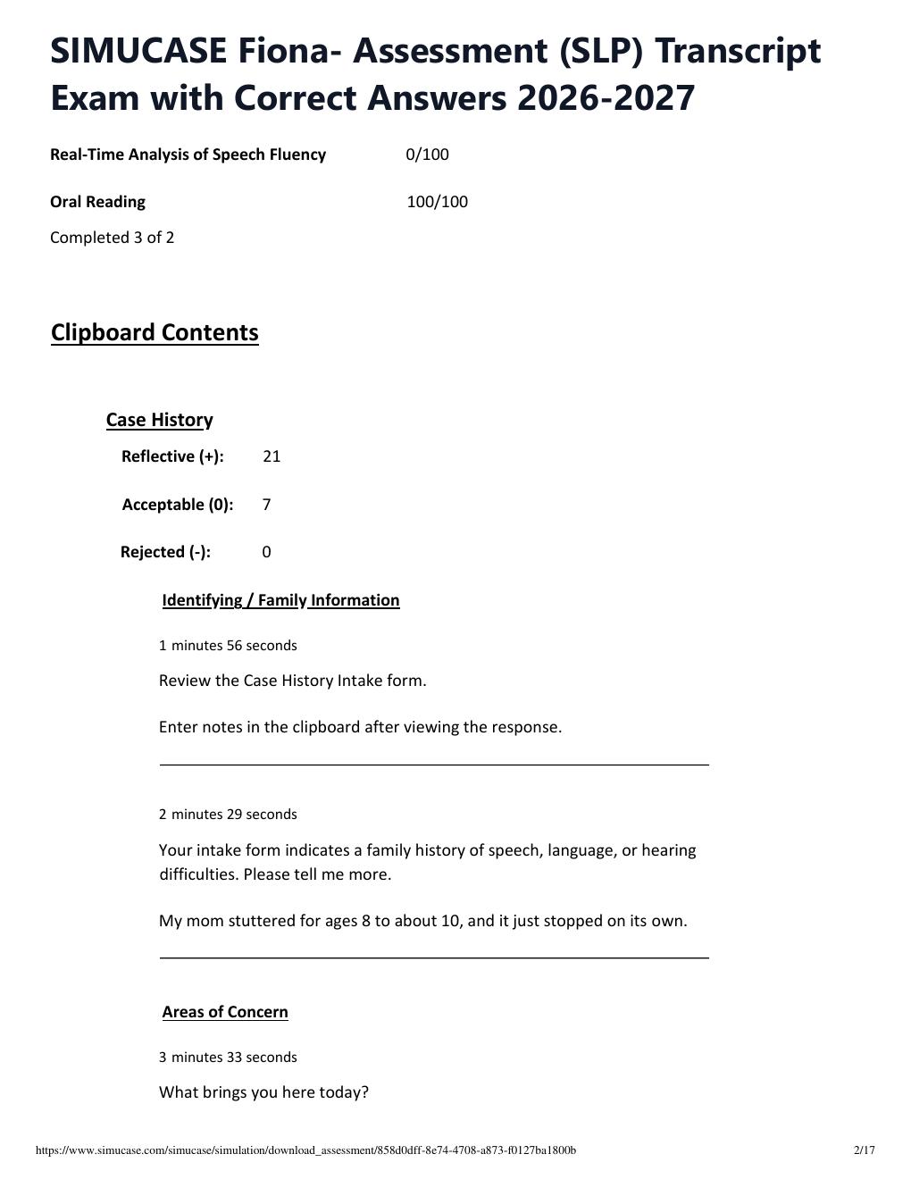 Preview page 2 of SIMUCASE Fiona- Assessment (SLP) Transcript Exam with Correct Answers 2026-2027