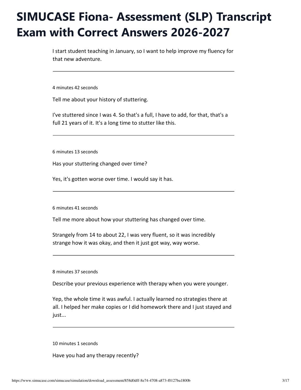 Preview page 3 of SIMUCASE Fiona- Assessment (SLP) Transcript Exam with Correct Answers 2026-2027