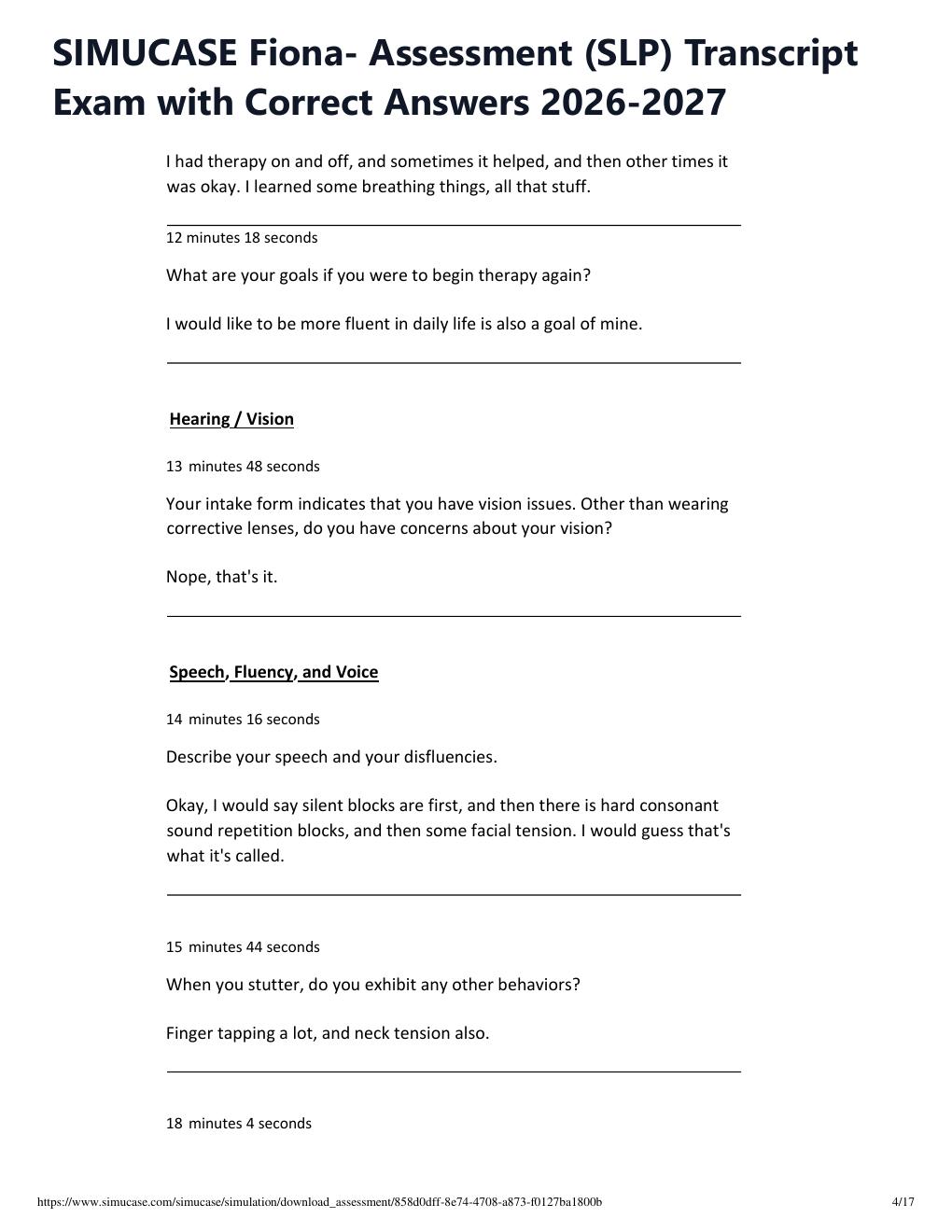 Preview page 4 of SIMUCASE Fiona- Assessment (SLP) Transcript Exam with Correct Answers 2026-2027