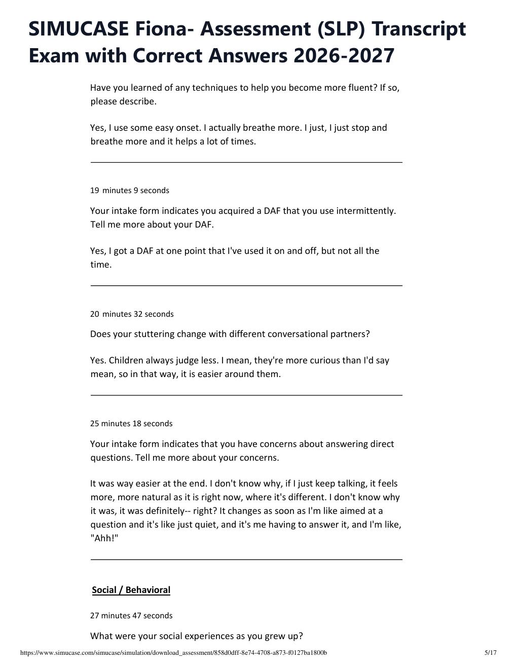 Preview page 5 of SIMUCASE Fiona- Assessment (SLP) Transcript Exam with Correct Answers 2026-2027