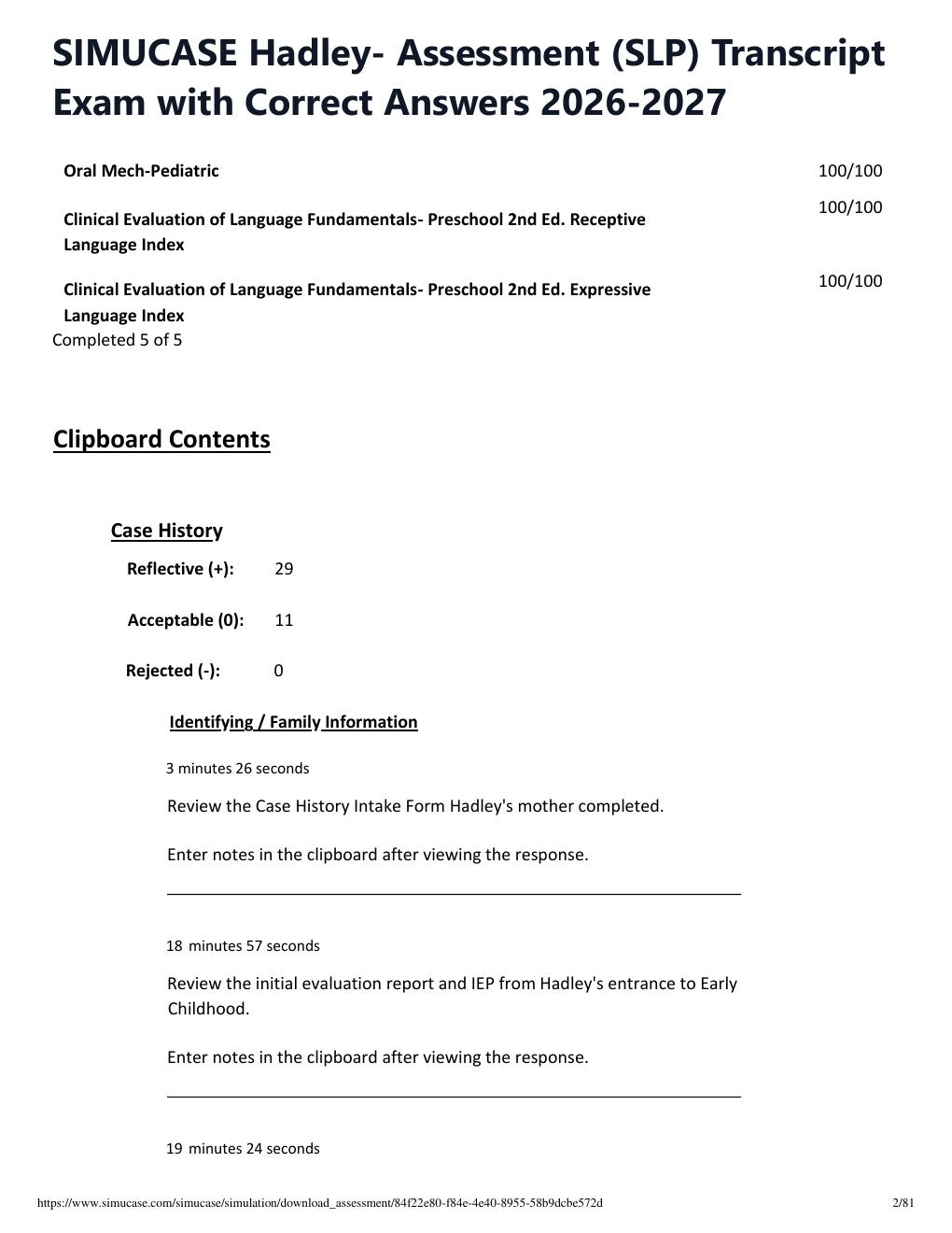 Preview page 2 of SIMUCASE Hadley- Assessment (SLP) Transcript Exam with Correct Answers 2026-2027