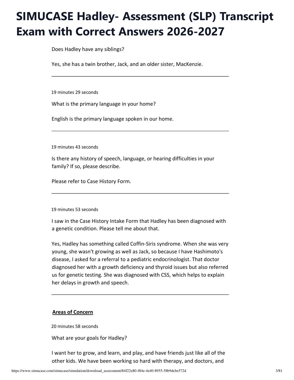 Preview page 3 of SIMUCASE Hadley- Assessment (SLP) Transcript Exam with Correct Answers 2026-2027