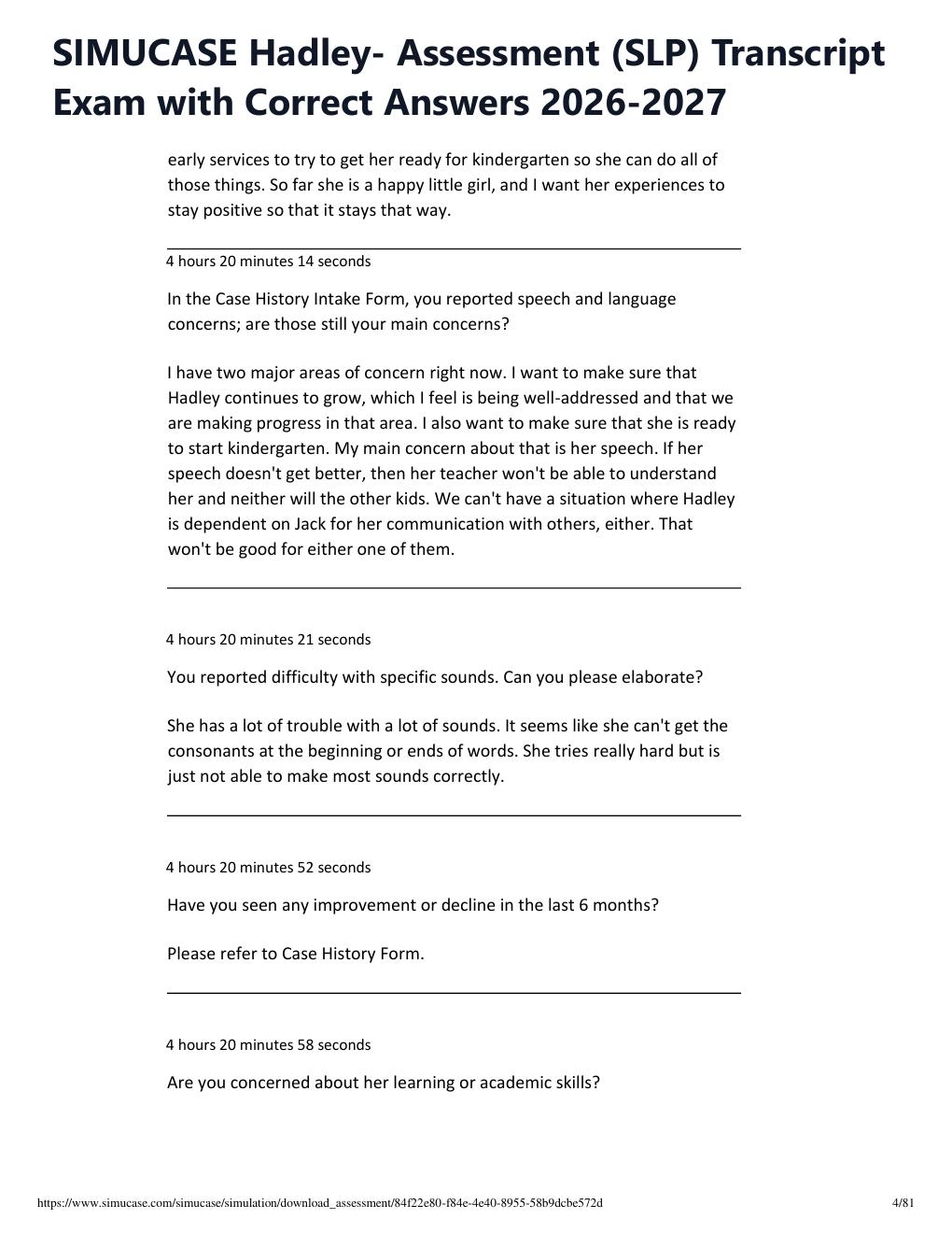 Preview page 4 of SIMUCASE Hadley- Assessment (SLP) Transcript Exam with Correct Answers 2026-2027