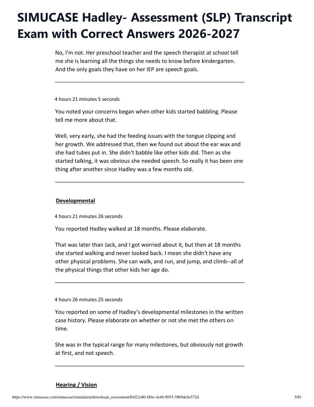 Preview page 5 of SIMUCASE Hadley- Assessment (SLP) Transcript Exam with Correct Answers 2026-2027
