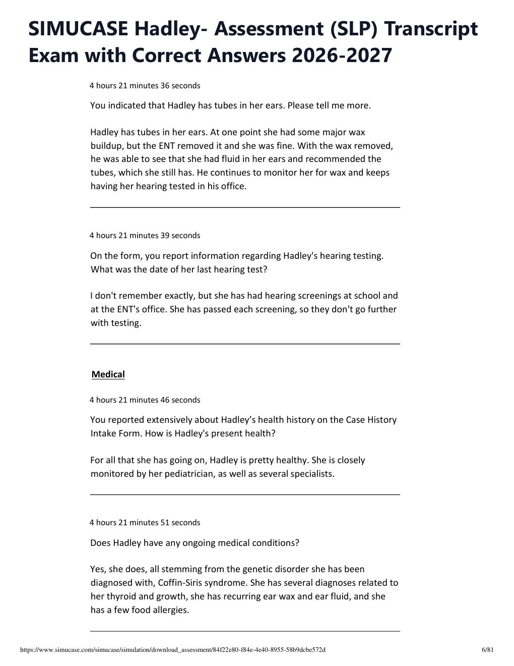 Preview page 6 of SIMUCASE Hadley- Assessment (SLP) Transcript Exam with Correct Answers 2026-2027