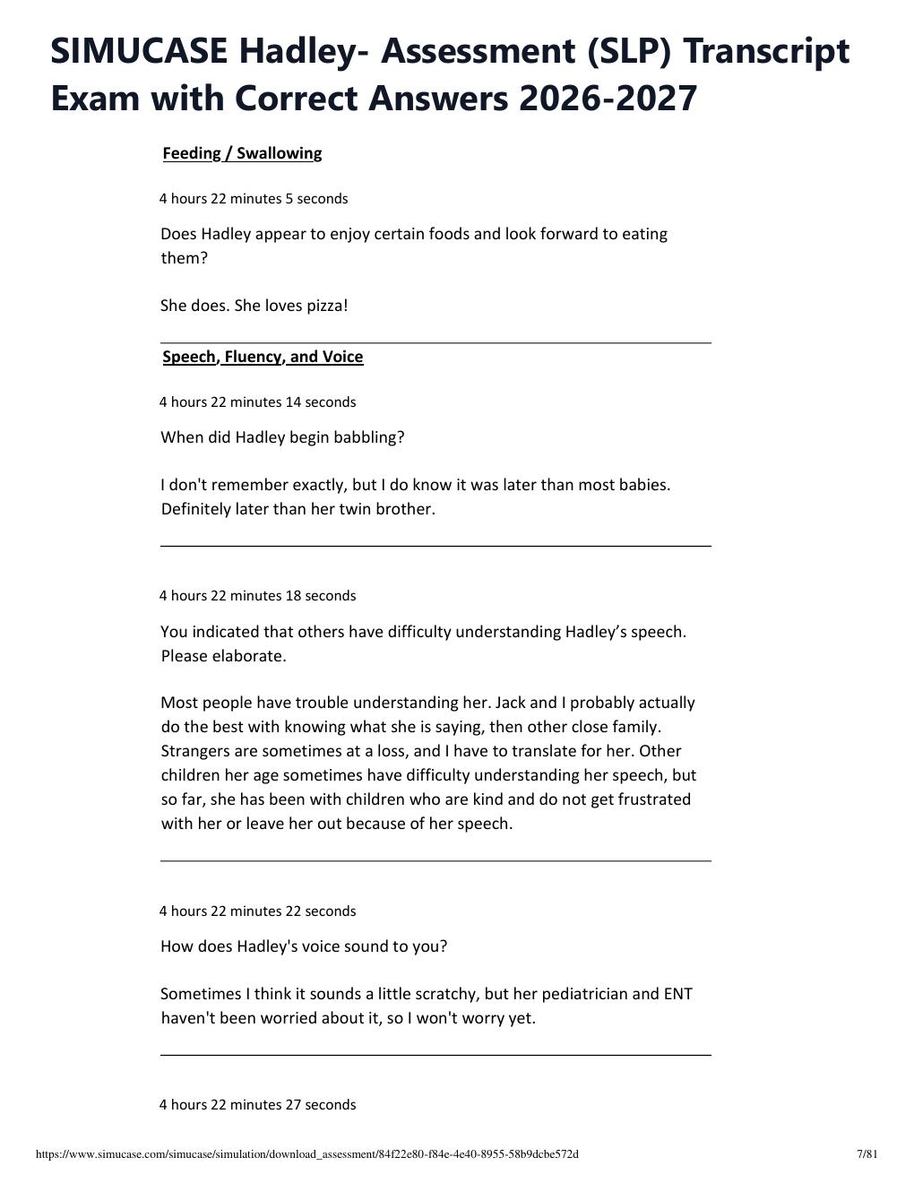 Preview page 7 of SIMUCASE Hadley- Assessment (SLP) Transcript Exam with Correct Answers 2026-2027